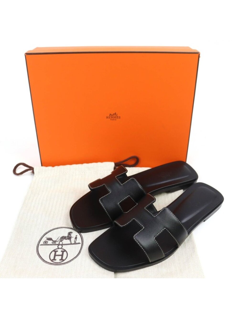 Hermes Oran Box Calf Leather Motif Flat Sandals Mules Black 38.5 Box - Picture 2 of 12